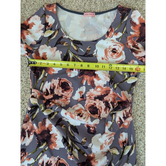 Hello Miz Maternity Medium Bodycon Dress Gray Pink Floral Stretch Side Ruching - Picture 6 of 7